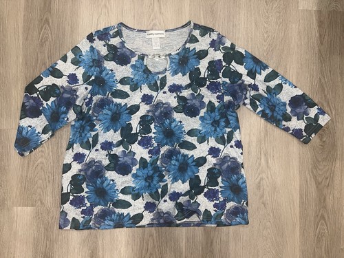 Cathy Daniels Damen Bluse grün, blau Blumen Schlüsselloch Strass 3/4 Slv Gr. XL - Bild 3 von 6