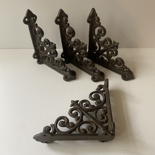 4 BROWN ANTIQUE-STYLE 4" SHELF BRACKETS CAST IRON garden rustic fleur ARROW - Picture 4 of 9