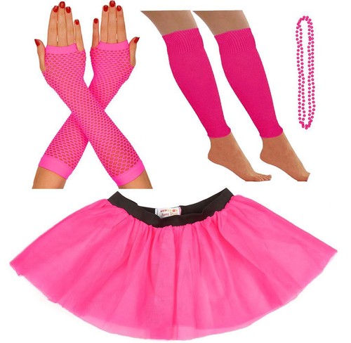 NEON PINK TUTU SET TUTU LEGWARMERS GLOVES BEADS ADULT 80s FANCY DRESS HEN PARTY - Picture 2 of 6