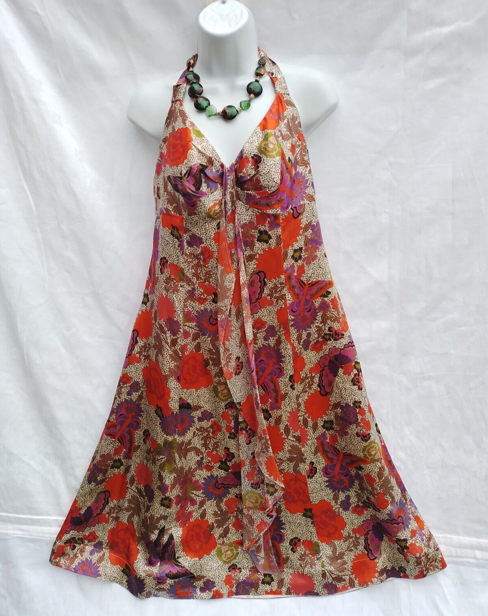 Women's Monsoon Orange White Multi Floral Halter Neck Silk Dress Size 12