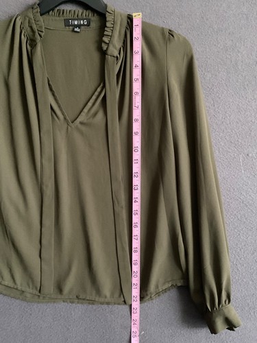 Timing Olive Green S Blouse High Ruffle Neck Long Sleeve Tie Front Office Wear - Picture 3 of 5