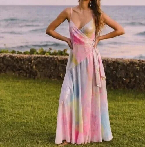 Hutch Alden Rainbow Sequin Wrap Tie Flowing Lined V Neck Maxi