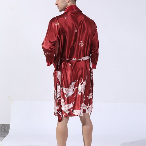 Men Satin Robe Long Sleeve V Neck House Coat Lightweight Silky Belted Bathrobe - Picture 14 of 32