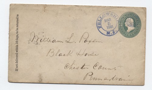 1881 Fellowship NJ double circle rubber handstamp on 3ct green pse [h.4372] - Picture 1 of 3