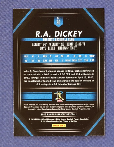 2013 Pinnacle Artists Proof Blue #26 R.A. Dickey Blue Jays - Foto 2 di 2