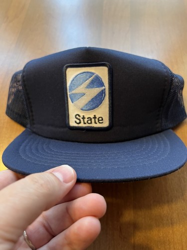 State Patch Vintage Hat Trucker Baseball Cap 90s Navy Blue Snapback - Picture 2 of 5