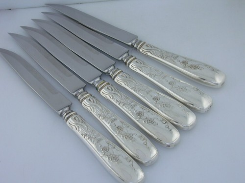 6 Sterling Silver TIFFANY & CO Steak Knives w/ beveled blades AUDUBON ~no mono - Picture 5 of 11