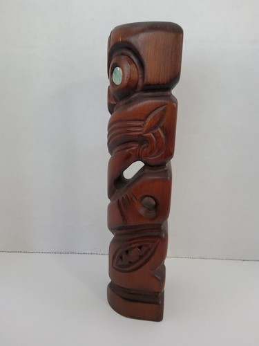 Wood Carved Tiki Abalone Shell Eyes Made In New Zealand Over 10 Inches Tall - Picture 5 of 10