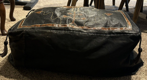 Tribal Pouf Cover Ottoman Black Leather Poof Bird 26" x 16" Boho Rectangle Read - Picture 13 of 14
