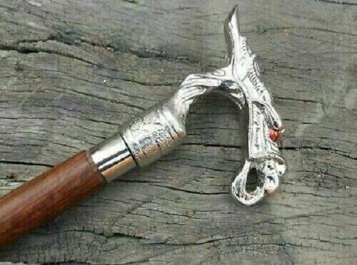 BASTONE DA PASSEGGIO CANNA LEGNO MARRONE MANICO TESTA DI DRAGO ARGENTO OTTONE REGALI FATTI A MANO - Foto 3 di 5