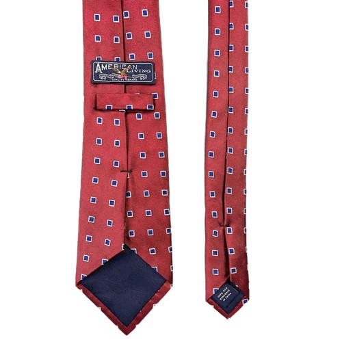 American Living Neck Tie 60” Silk Red Navy White Square Geometric - Picture 3 of 6
