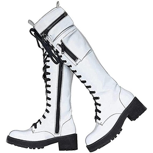 Damen Kniehohe Stiefel Combat Halbhohe Stiefel Blockabsatz Grob Schnürung Plateau - Bild 23 von 32
