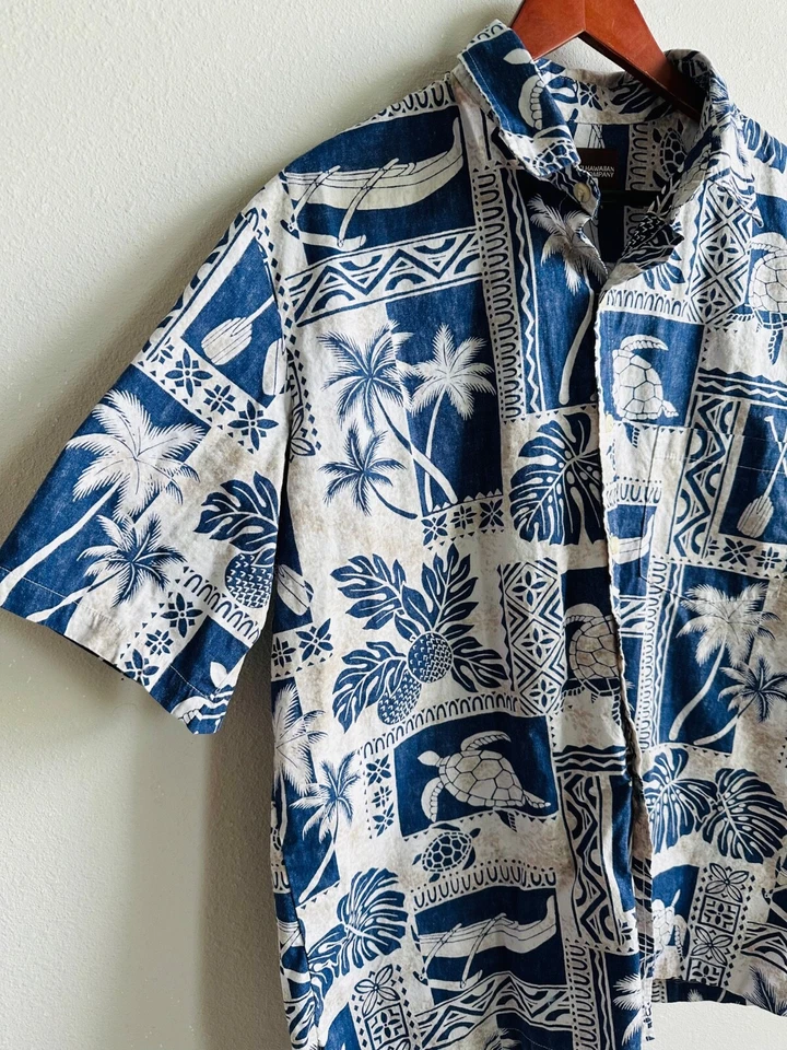 MAIKA'I 夏威夷服装 XL 蓝色和米色短袖纽扣露营衬衫 — 第 3/4 张图片