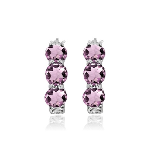 Sterling Silver Simulated Alexandrite Round Filigree Three Stone Hoop Earrings - Picture 2 of 4