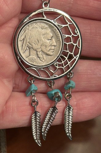 Antique 1930 Buffalo Nickel Necklace With Turquoise & Feathers Silver Tone 28” - Picture 4 of 5