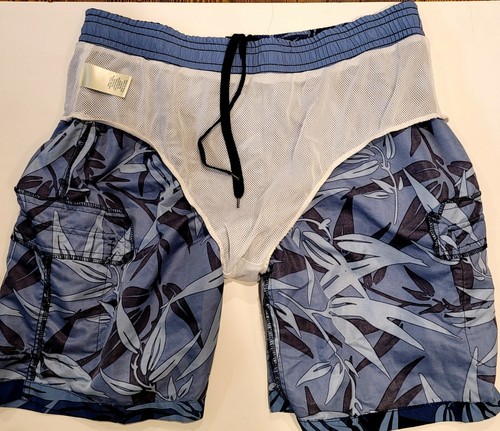 Island Shores MENS SWIM TRUNKS Blue & Black Print 3 Pockets Size LARGE - Picture 7 of 10