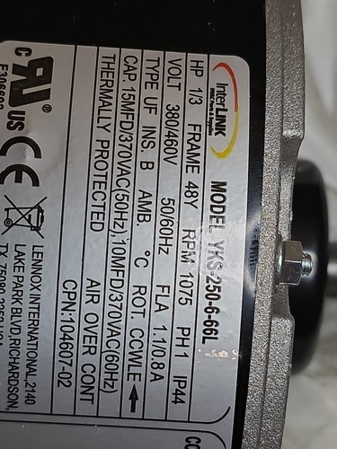NEW Lennox 14Y70 1/3 hp condenser Fan Motor NEW IN BOX YKS-250-6-66L, 1075 RPM - Picture 2 of 5