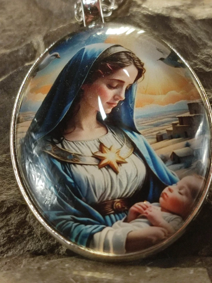 Halskette Unsere Liebe Heilige Jungfrau Maria mit Jesus Baby glasiert Groß - Bild 3 von 4