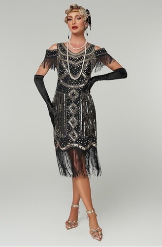 Flapper Dress LG Beaded Sequin Fringe Cold Shoulder LG Dance Gatsby 1920s Lined - Picture 12 of 14