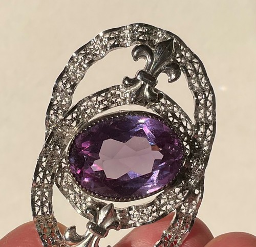 Broche de plata esterlina .925 Sorrento gema amatista 9 g joyería fina prendedor ovalado de colección - Imagen 9 de 24
