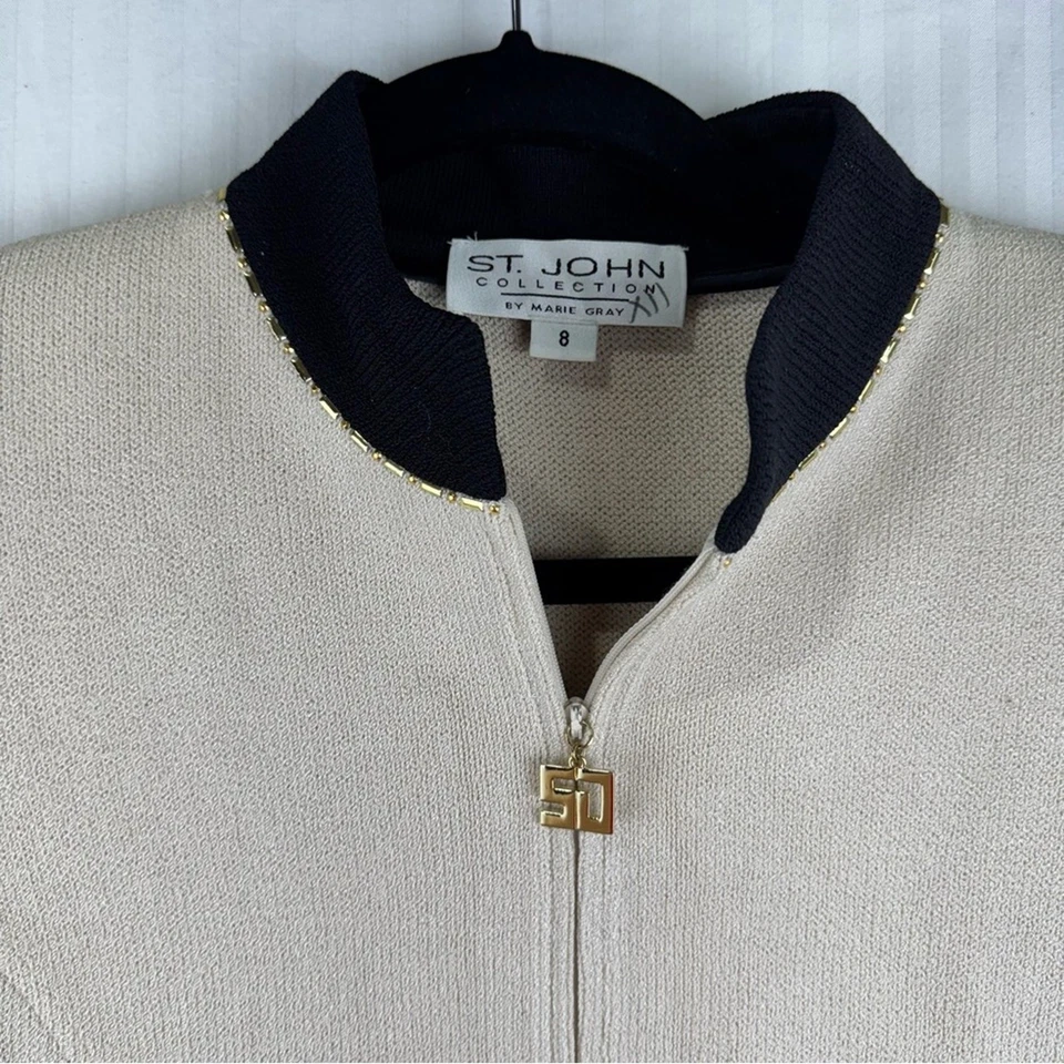 Cárdigan tejido St. John Santana chaqueta blazer para mujer talla 8 crema y negro Foto 3 de 4