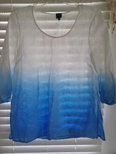 BLUE by Saks Fifth Avenue Womens M Linen Tunic Top White Blue Ombré Dip Dye Boho