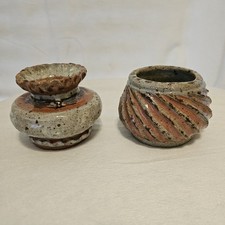 2 Small Studio Art Pottery Stoneware Pots Vases Pink Gray Tan Signed 3x4in