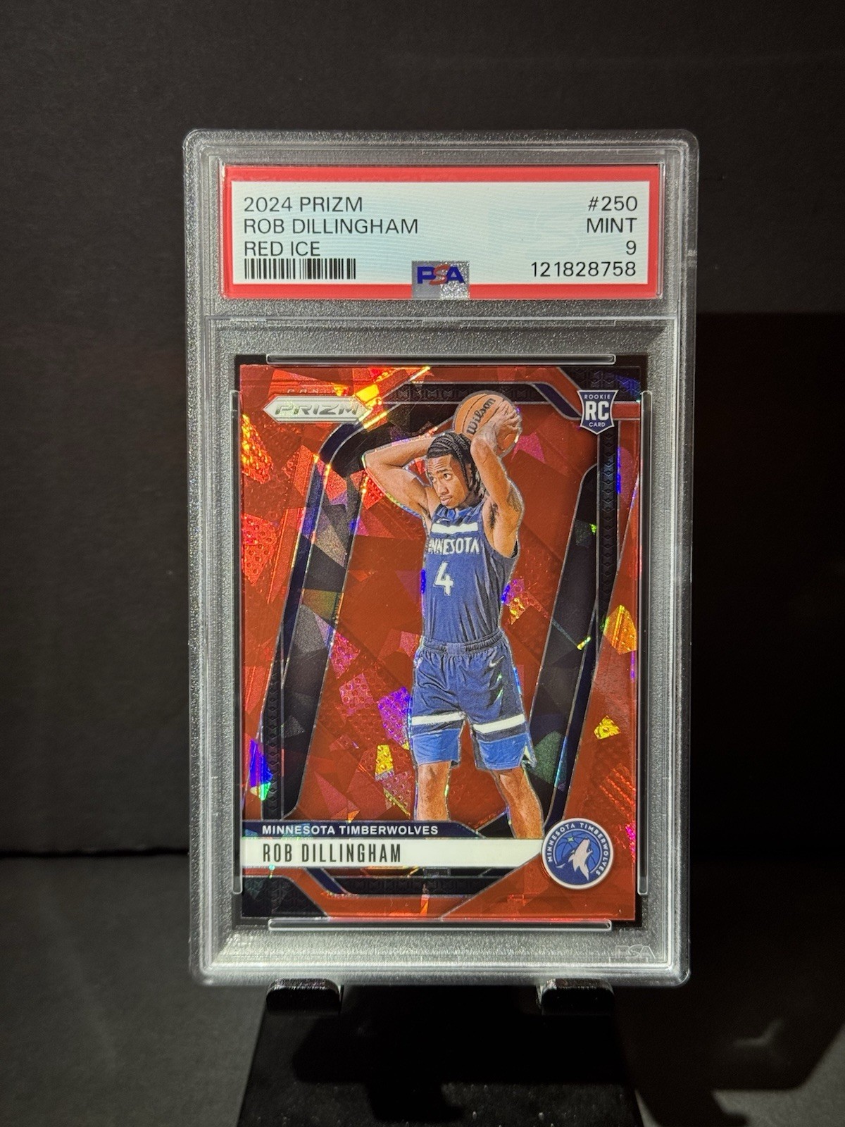 2024 Prizm Red Cracked Ice Rob Dillingham Rookie RC #250 PSA 9 MINT Timberwolves