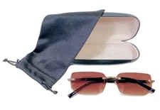 Unisex Rimless Sunglasses With Black And Gold Frame And Copper Beveled Lenses.