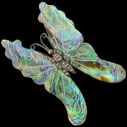 Vintage Abalone Butterfly 925 Marcasite Brooch Pin Large 3” Sterling Jewelry - Picture 2 of 7