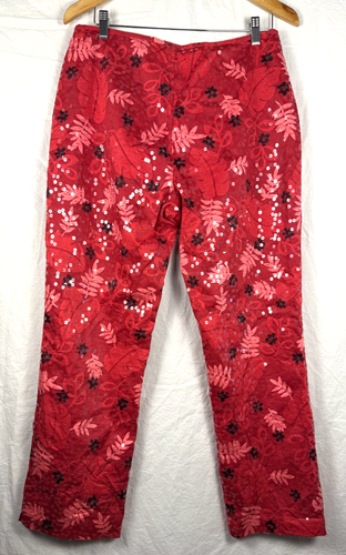 D Studio Red Sequin Pants Women's 12 Floral Leaf Celebrate Party Lined Side Zip - Picture 11 of 11