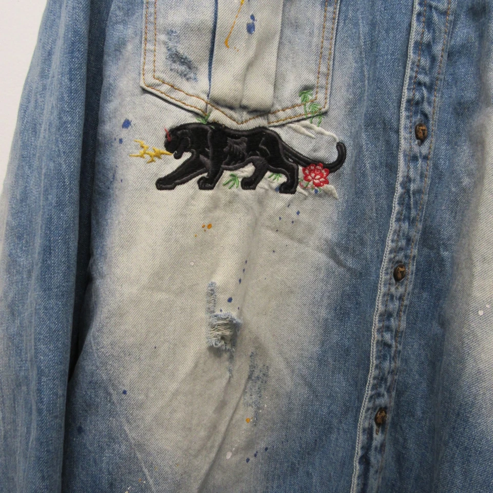 Akoo Black Cats WWII Bomber Distressed Denim Embroidered Collared Shirt sz 3XL - Image 4 of 4