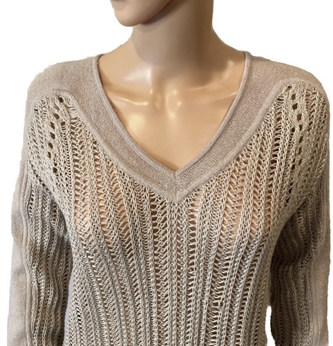 HELMUT LANG Jumper SMALL Taupe Beige Linen Crochet Knit V Neck Sweater - Picture 7 of 7