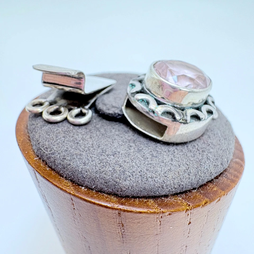 VTG Sterling Silver 925 Triple Strand Box Clasp Pink Gemstone Bezel Set 1" x .50 - Image 2 of 4