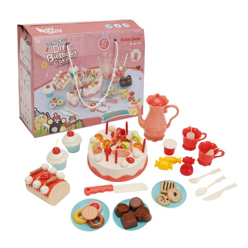 🚀82 Pieces Birthday Cake Toy Play Food Set Plastic Kitchen Cutting Pretend Toys - Picture 9 of 11