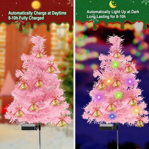2 Pack Solar Pink Christmas Tree With Lights & Bells - 40cm Tall - Outdoor Xmas - Picture 4 of 7