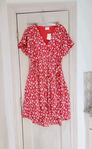 New Sienna Sky Red Multi Floral Print Hi Low Short Sleeve Wrap Dress Sz L - Picture 9 of 9