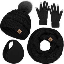 Winter Hat Scarf Gloves and Ear Warmer, Warm Knit Beanie Hat Touch Screen Glo...