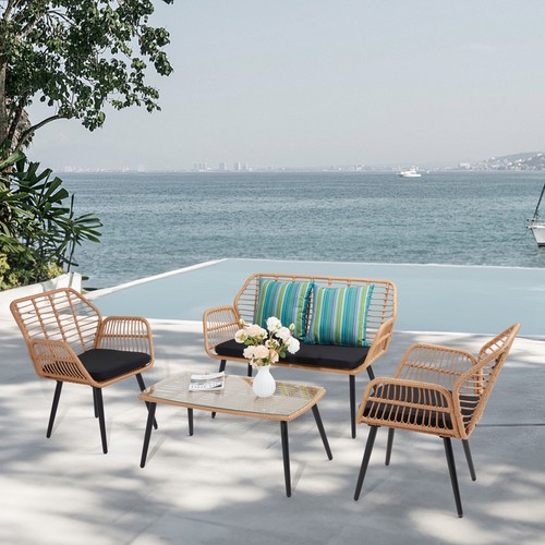 Wicker 4 Pieces Patio Furniture Set Sofa Chair PE Rattan Outdoor Poolside Yard - Picture 8 of 10