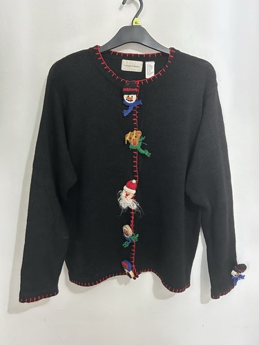 VTG Lemon & Grass Christmas Cardigan Black Statement Buttons XL