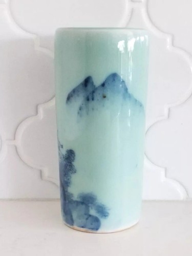 Vintage MCM 7" japanische Seladon Porzellan Vase Grand Mtn Natur Kobalt Zylinder NEUWERTIG - Bild 3 von 12