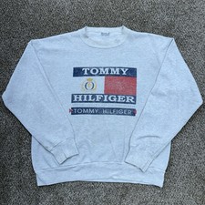 Tommy Hilfiger Big Flag Logo Spell Out Crew Neck Sweatshirt Size L Pullover Gray