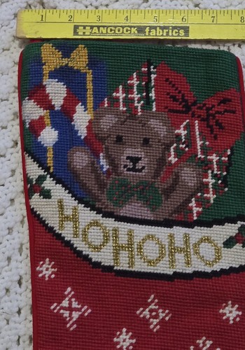 Christmas Stocking Needlepoint Teddy Bear Ho Ho Ho Red Velvet Back Wool Blend - Picture 11 of 13
