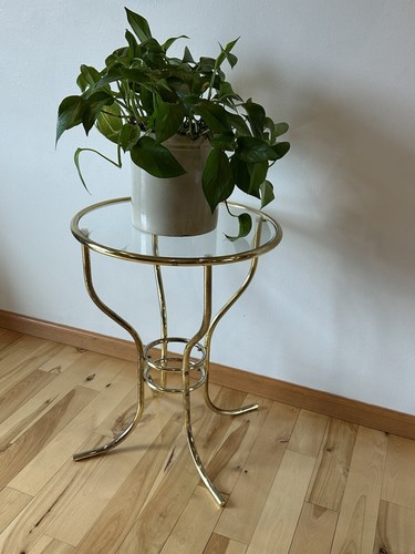 Vintage 80s Round Brass End Side Table/ Plant Stand Glass top Gold Color Plated