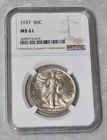 1937 P LIBERTY WALKING 90% SILVER HALF DOLLAR NGC MS 61 MS61 PHILADELPHIA MINT