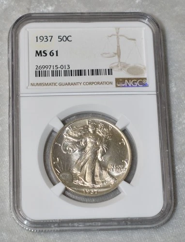 1937 P LIBERTY WALKING 90% SILVER HALF DOLLAR NGC MS 61 MS61 PHILADELPHIA MINT