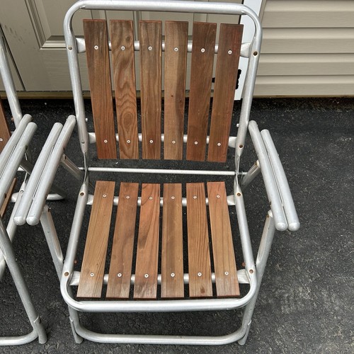 3 Vintage MCM Aluminum Red Wood Folding Lawn Chairs 6 Slat Double Barrel Arms - Picture 8 of 24