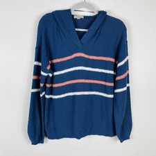 Ann Taylor LOFT Sweater Small Blue Striped Hooded Pullover 100 Cotton