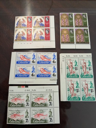 Cinque blocchi di quattro francobolli Gibilterra come nuovi mai incernierati pesca