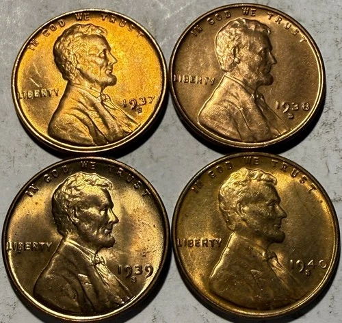 “S”Mints 1937 S 1938 S 1939 S 1940 S Lincoln Wheat Cent BU GEM Set #2